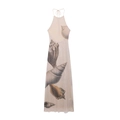 Elegante beige halter maxi-jurk met schelpenprint en open rug met striksluiting - S / Beige met Schelpenprint