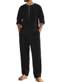 Men's black cotton linen long sleeve shirt and pants set with olive green henley collar - S / Black