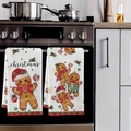 Christmas kitchen dish towels featuring gingerbread man patterns on oven handle - Large Gingerbread Man Print Style (MJBT66-43) / 2 Pieces/Pack (40*60cm) / White Base Gingerbread Man