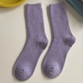 Women's light purple ribbed wool blend crew socks in retro minimalist solid color - Light Purple