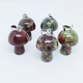 Five mini mushroom natural stone pendants with red and green textures for DIY jewelry - Bloodstone
