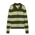 Retro green striped knit cardigan with polo collar and vintage buttons on white background - S / Green & Brown Stripe