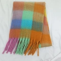 Rainbow plaid mohair scarf with thick fringe in orange, mint, blue, and pink tones - Color 32