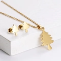 Golden Christmas tree pendant necklace and stud earrings jewelry set on white steps - Pine Tree