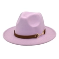 Detailed shot of light purple wool fedora with brown leather band and gold metal horsebit - Taro Purple / M (56-58cm)
