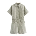 Women light green denim romper with lapel collar and chest pockets in flat lay view - XS / Top And Bottom / Matcha Green