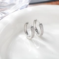 Macro shot of silver hoop earrings with double row paved zircons and a snap closure - 18x18mm / Silver