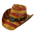 Vintage western cowboy hat with star pattern and antique eagle emblem in yellow and red - 58cm One Size / Red and White Stripes with Black Belt and Eagle Buckle Style