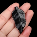 Hand-carved black obsidian agate stone leaf pendant with detailed vein patterns - Obsidian