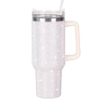 40oz stainless steel vacuum tumbler with white iridescent rhinestones and handle - White