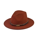 Detail of rust red wool fedora hat featuring a woven band with a gold feather pendant - Adult (57-60cm) / Caramel (With Leaf Chain)