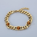 Gold-plated Cuban chain bracelet featuring three faceted brown tiger eye stones - Gold Tiger Eye Style (KB184841-AQ)