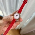 Minimalist women's watch with red leather strap, gold case and Roman numeral dial - Red