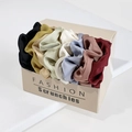 Premium satin scrunchies set in neutral coffee tones with elegant gift box packaging - 8-Piece Set Style 3 (Morandi Matte Colors)