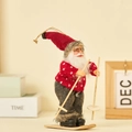 Christmas Santa plush on wooden skis with red heart sweater and grey pants ornament - Skiing Style (Red & White Polka Dot)