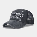 Close-up of distressed brim and mesh detail on baseball cap with Free Hugs embroidery - Dark Grey with Black Mesh, Free Hugs Embroidery (Color #14)