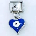 Italian charm bracelet link featuring a blue enamel heart and evil eye design in steel - Purple Evil Eye