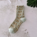 Vintage floral embossed crew socks in light green and khaki cotton blend for women - One Size / Aqua Floral