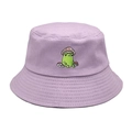 Detailed embroidery of a green frog and mushrooms on a purple cotton bucket hat - M(56-58cm) / Light Purple