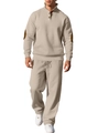 Set in maglia da uomo color avena con collo alto a zip e pantaloni a coste abbinati - S / Cachi