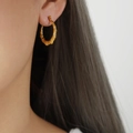 Bamboo texture hoop earring in 18k gold plated steel shown on model - F1247-Bamboo Texture / Gold