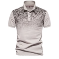 Detail of grey polo shirt with gradient floral line art print and three-button collar - S / Khaki
