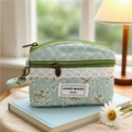 Green floral fabric coin purse with double zippers, lace trim and handmade bag label - Emerald Green Grid Coin Purse