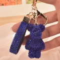 Sparkly dark blue rhinestone bear keychain with golden metal ring for handbag charm - Royal Blue