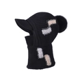 Winter black balaclava knit hat with fleece patches and large pompom for cold protection - Black
