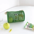 Green mesh travel toiletry bag with cartoon eyes design and cream shoulder strap - Green