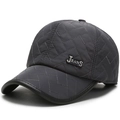 Winter dark grey quilted baseball cap with JEANS metal logo and leather brim edging - Dark Gray