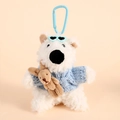 White plush bear keychain with blue sweater and bunny doll on cream background - Blue Outfit Rabbit Westie