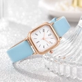 Montre carrée pour femme avec bracelet en cuir bleu ciel et boîtier en or rose brillant - Bleu clair