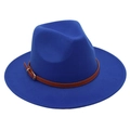 Close-up of royal blue wool fedora featuring a brown leather band and silver buckle - M (56-58cm) / Sapphire Blue