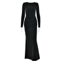 Elegant black long sleeve slim fit maxi dress with ruched waist and slit fishtail hem - S / Black