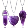 Dreiteiliges Amethyst-Kristall-Halsketten-Set mit Herz-, Tropfen- und Säulenanhängern - Amethyst