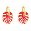 Macro shot of tropical pink enamel monstera leaf earrings with gold-plated hoops - Rose Red