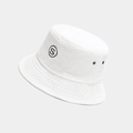 Detail of white cotton bucket hat featuring black S letter embroidery and metal eyelets - White