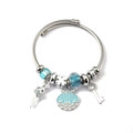 Silver stainless steel charm bracelet with blue crystal beads and ballet dancer pendant - Ballerina Shell Key (C2-001) / Blue