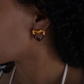 Chic heart-shaped earrings with gold metal and deep red enamel finish for women - Brown / Gold
