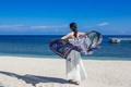 Ethnic style summer beach scarf with leaf pattern in dark blue and pink on a sunny beach - Dark Blue & Pink Leaf Pattern Style / Orange Red / 180cm