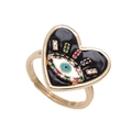 Golden heart ring with black enamel devil eye and colorful cubic zirconia stones - Adjustable Open / Black
