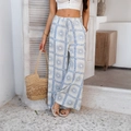 Women's white high-waisted wide-leg pants with blue bohemian sun pattern print and drawstring - S / White Grid Floral