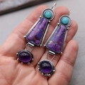 Orecchini boho in argento vintage con pietre preziose viola e turchese - Stile Turchese Patchwork Tricolore