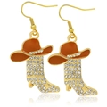 Western style golden cowboy boot and hat drop earrings with sparkling white zircons - Style 14 (Brown Hat Gold Boot)