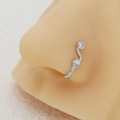 Silver non-piercing U-shaped nose clip featuring micro-inlaid clear zircon stones - Silver Double Zircon (E6216-14)