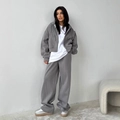 Women's grey zip hoodie with white t-shirt and wide leg sweatpants three-piece set - S / Gray