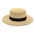 Classic beige flat top straw boater hat with black grosgrain ribbon for summer beach wear - M (56-58cm) / Beige