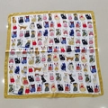 Square silk scarf with cartoon cat illustrations and golden yellow border on white base - Fantasy Cat White Square Handkerchief / 65