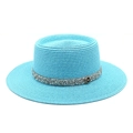 Close-up of sky blue straw boater hat featuring a shimmering rhinestone band and M metal logo - M (56-58cm) / Lake Blue